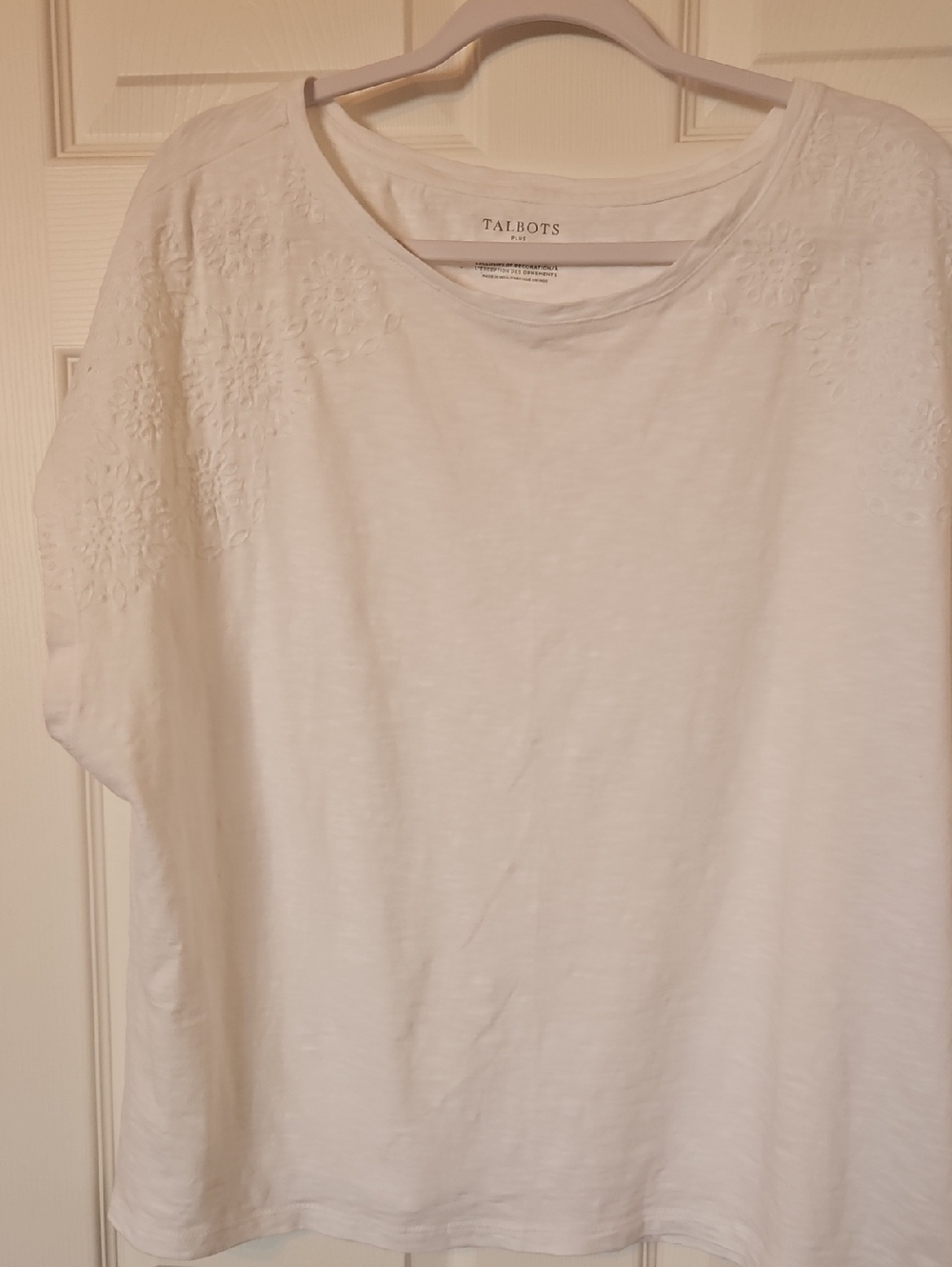Talbots White Short-Sleeve Tee with Shoulder Embroidery